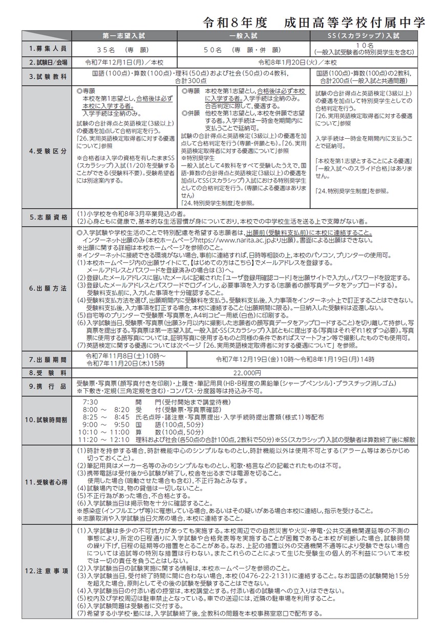 成田高等学校付属中学校【生徒募集要項】